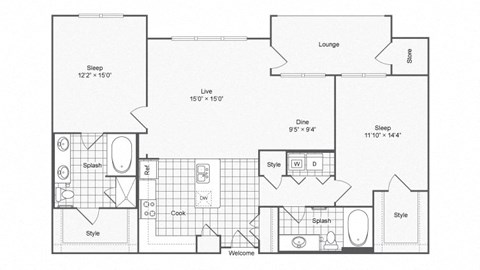Floor plan for 2 beds, 2 baths, 1217 sqft